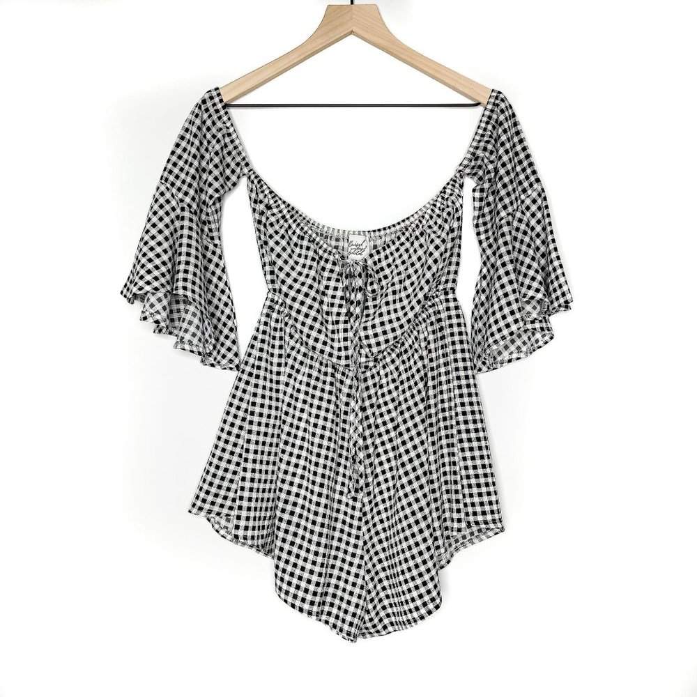 Raised By Wild Off Shoulder Gingham Romper